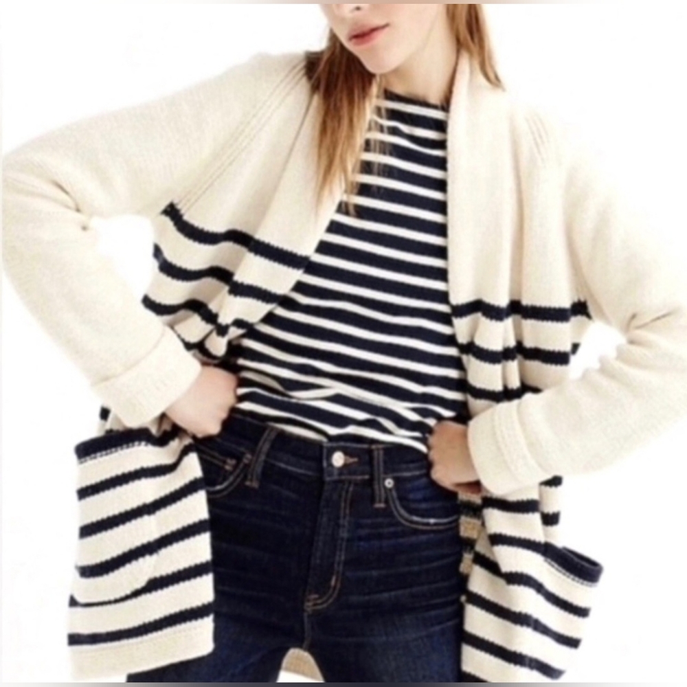 J. CREW Cream and Navy Shawl-Collar Striped Cardigan, Sz L
